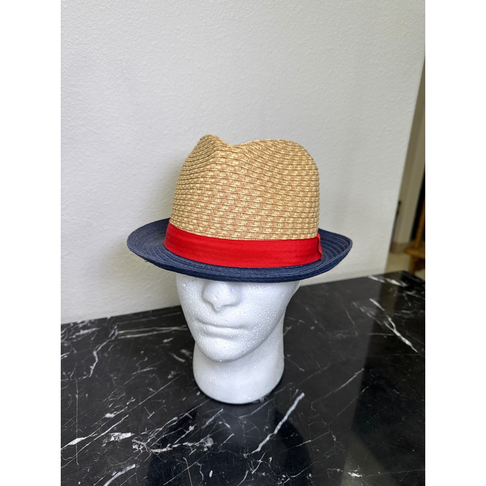 Straw Fedora Trilby Hat Tan Navy Blue with Red Ribbon Band OSFM Summer Sun Hat